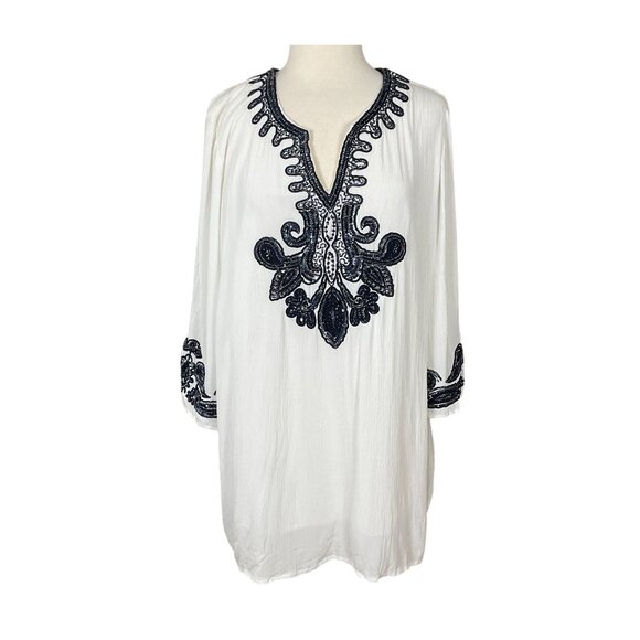 Chicos White Gauze 3/4 Sleeve V-Neck Lined Navy Beaded Embellished Tunic 16/18 - Picture 1 of 14